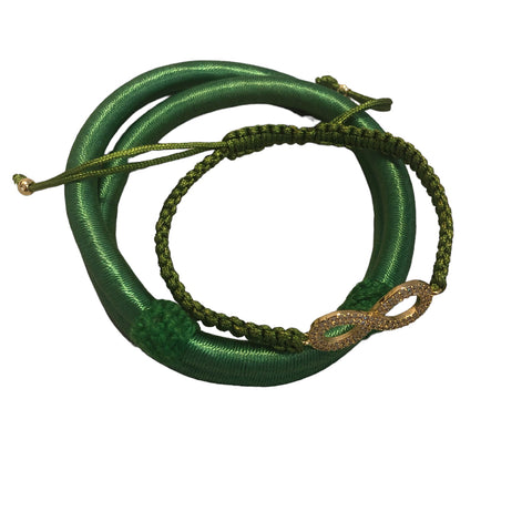 Green & gold macrame bracelet & silky green band bracelet